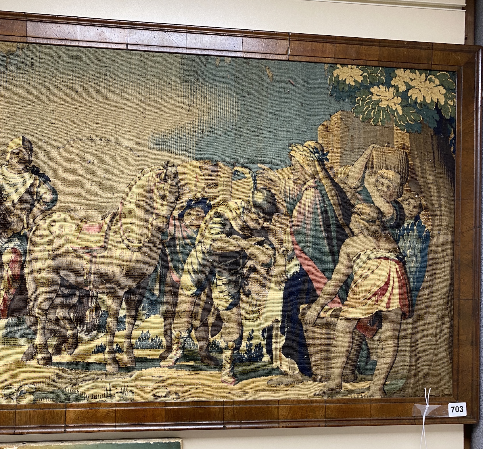 A Victorian tapestry picture depicting Crusader Knights receiving a blessing from a clerical figure, NB: From the Estate of Rt Hon Lord Lawson of Blaby
